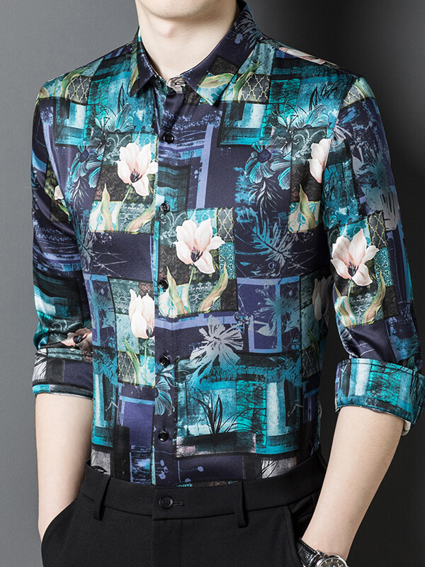 Turquoise & Midnight Blue Pink Blossoms Floral Mosaic Silk Shirt