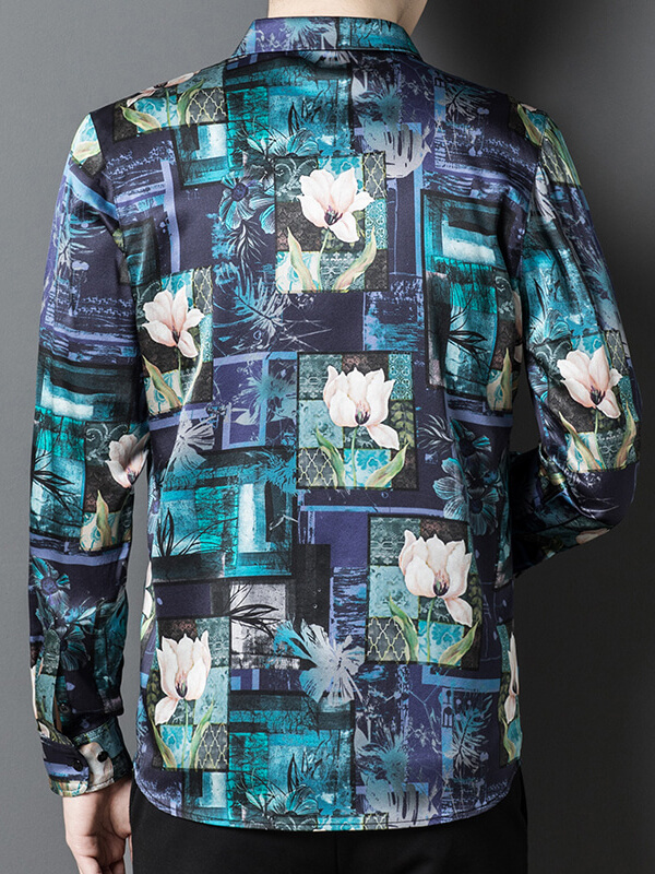 Turquoise & Midnight Blue Pink Blossoms Floral Mosaic Silk Shirt