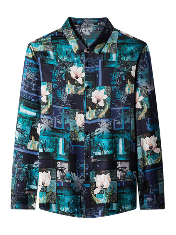 Turquoise & Midnight Blue Pink Blossoms Floral Mosaic Silk Shirt