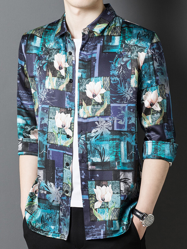 Turquoise & Midnight Blue Pink Blossoms Floral Mosaic Silk Shirt