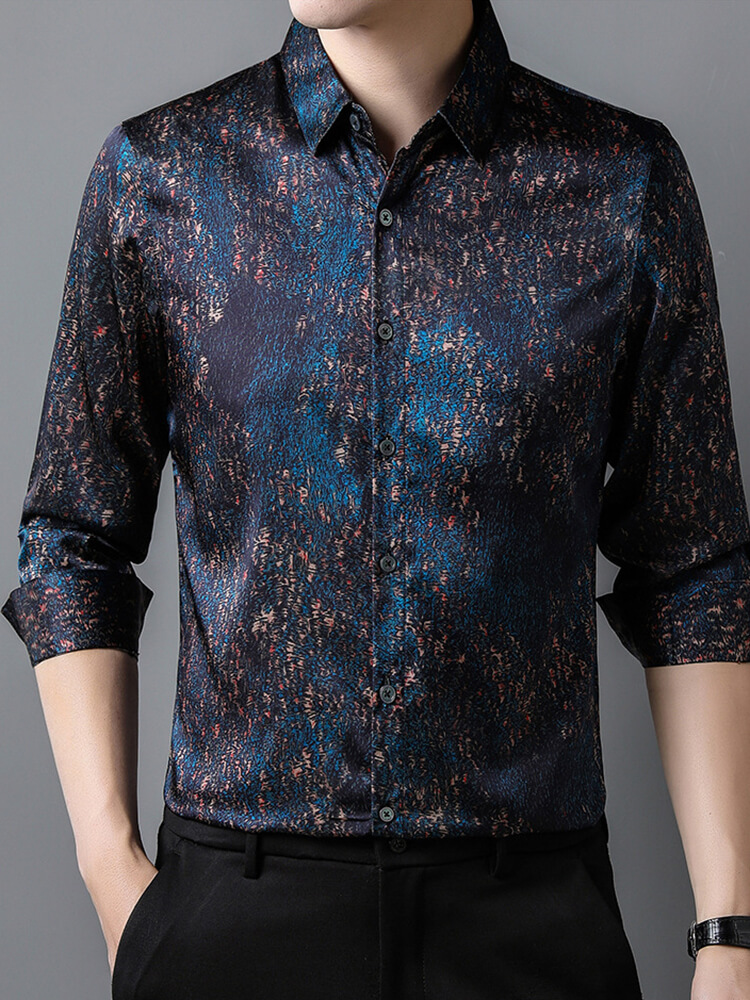 Men's Blue and Black Abstract Pattern Long Sleeve Silk Shirt