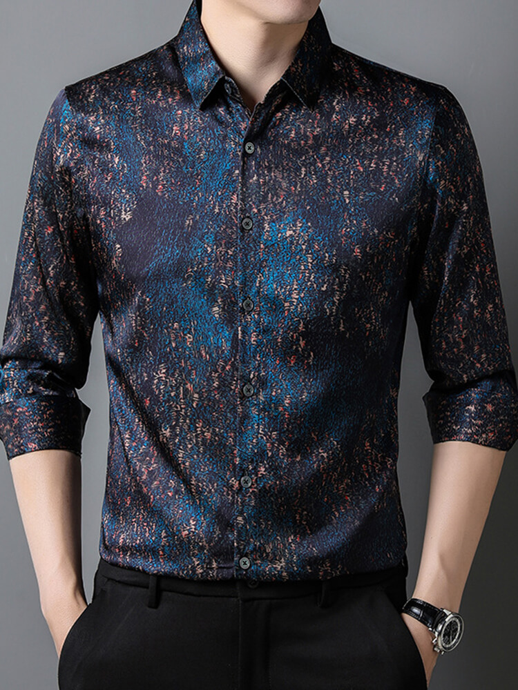 Men's Blue and Black Abstract Pattern Long Sleeve Silk Shirt