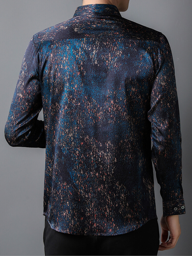 Men's Blue and Black Abstract Pattern Long Sleeve Silk Shirt