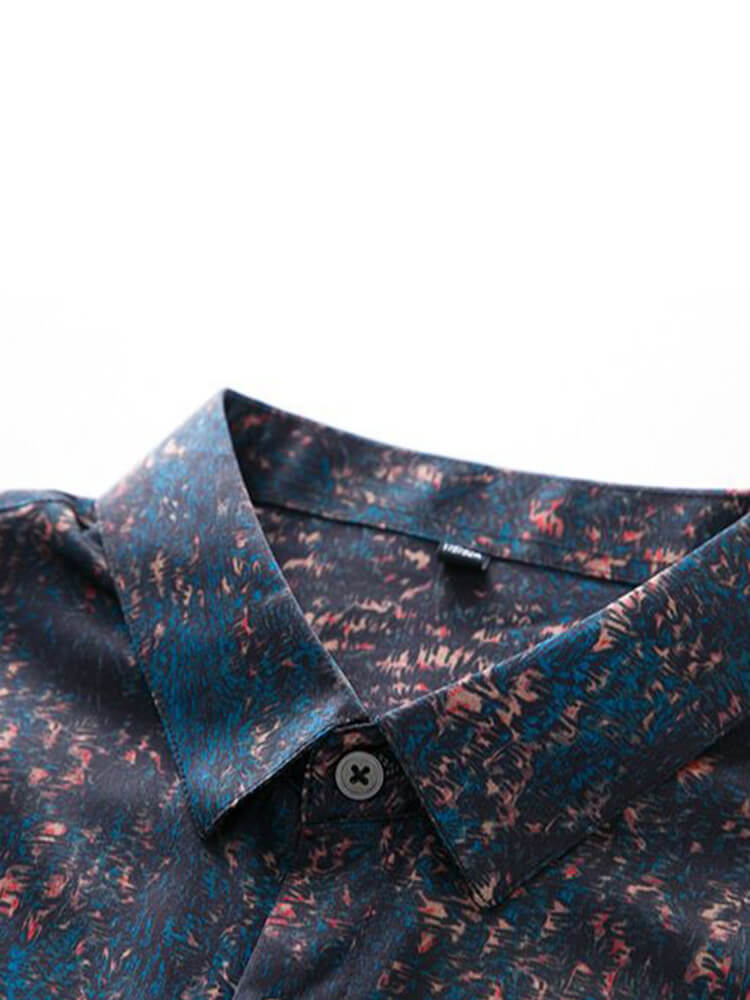 Men's Blue and Black Abstract Pattern Long Sleeve Silk Shirt