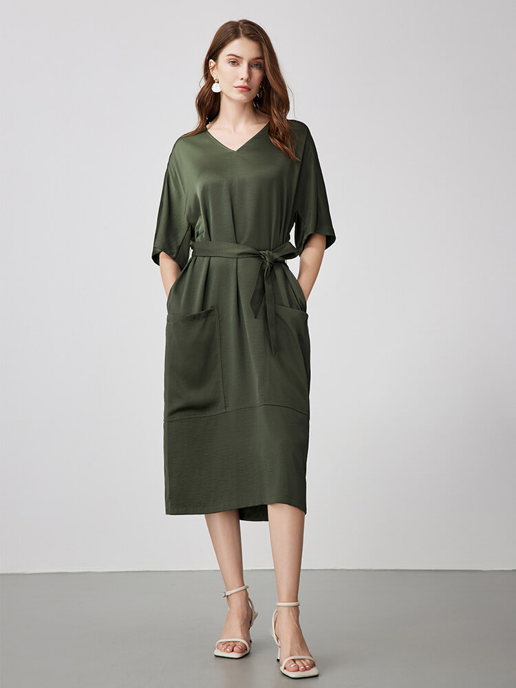 Relaxed V-Neck Silk Midi Dress with Waist Belt and Patch Pockets