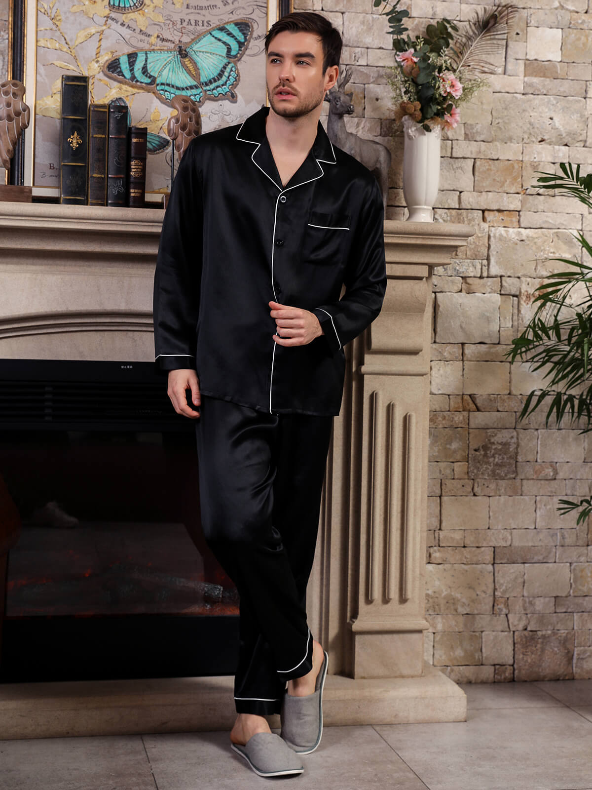 Long Sleeved Two Piece Silk Pajamas Set for Men With Trimming