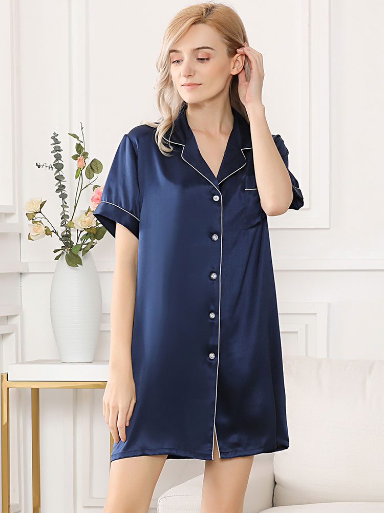 19 Momme Short Sleeved Women Silk Sleep Shirt with Trimming