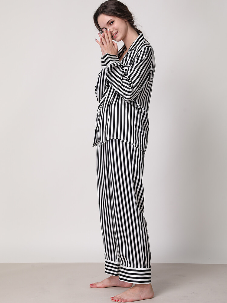 19 Momme Black and White Striped Silk Pajama Set For Women [FS015 ...