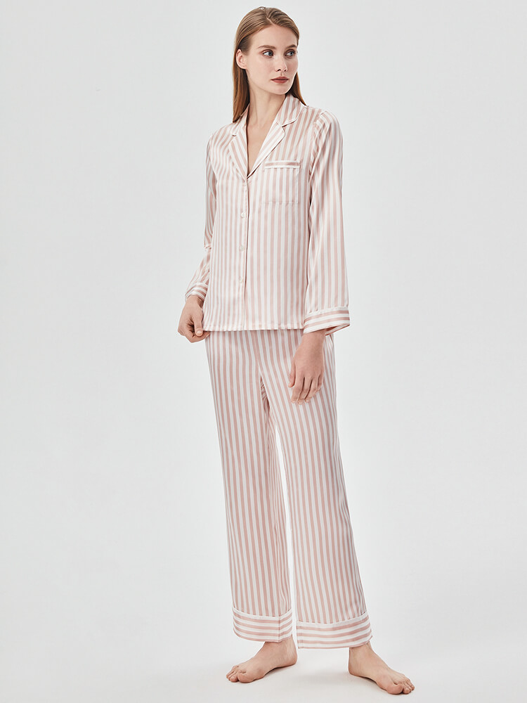 19 Momme Luxury Striped Full Length Womens Silk Pajama Set [FS015