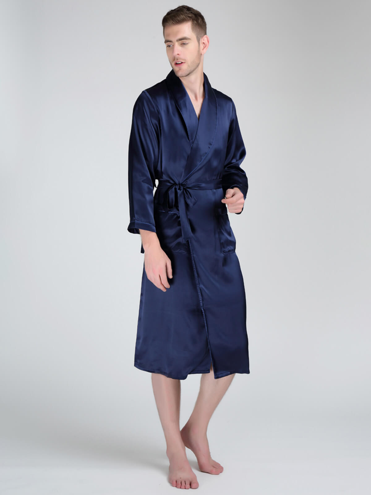 22 Momme Lapel Collar Long Silk Robe For Men [FS040] - $199.00 ...