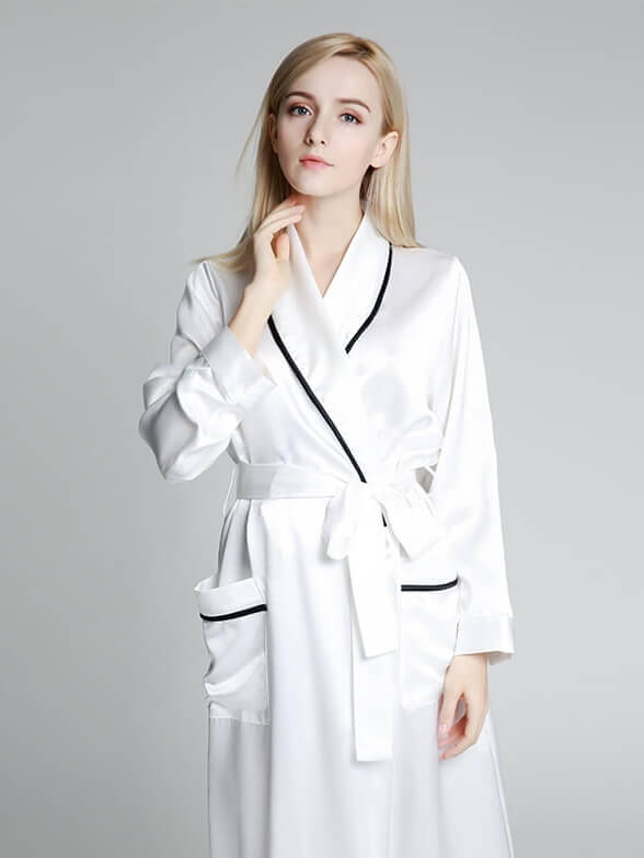 22 Momme Luxurious Ankle Length Piped Silk Bathrobe For Women [FS041 ...