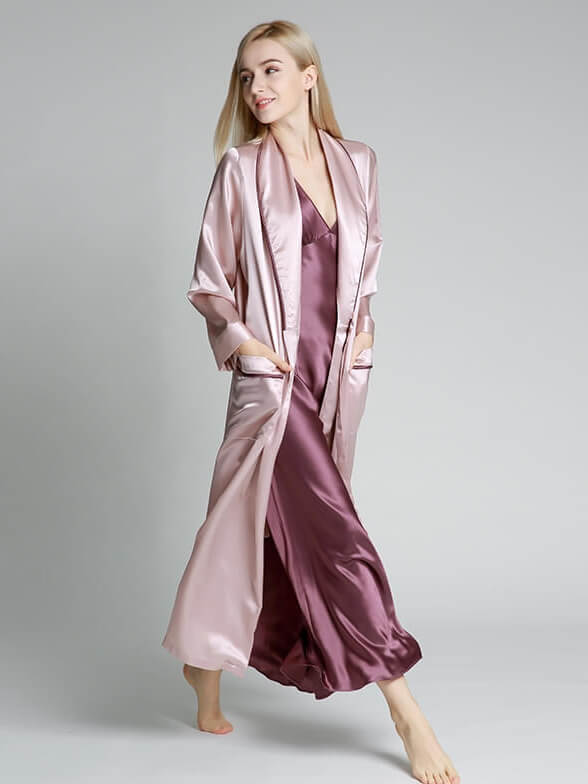 19 Momme Luxurious Piped Long Silk Robe For Women [FS041