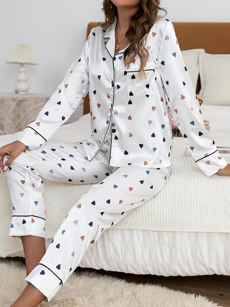19 Momme Colorful Love Print Pure Silk Pajamas Long Pants Set