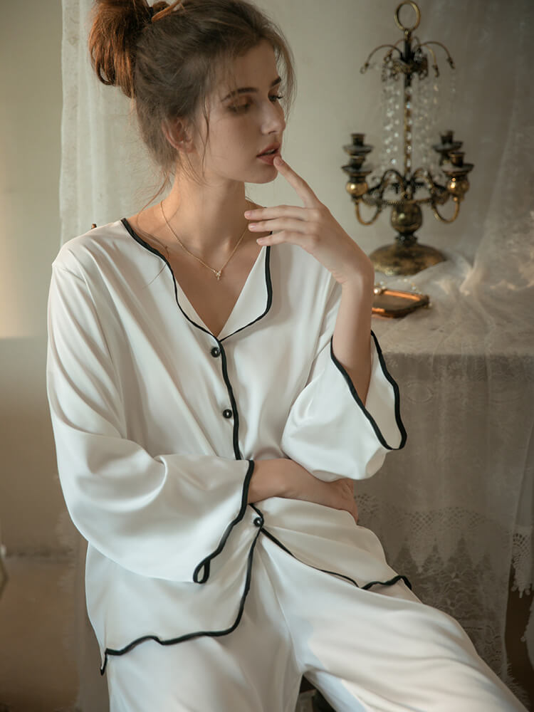 22 Momme Elegant Contrast Piped Silk Pajama Set with Wavy Hem