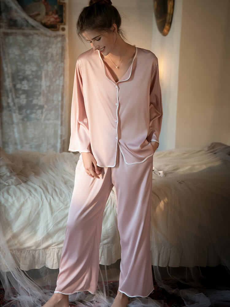 22 Momme Elegant Contrast Piped Silk Pajama Set with Wavy Hem