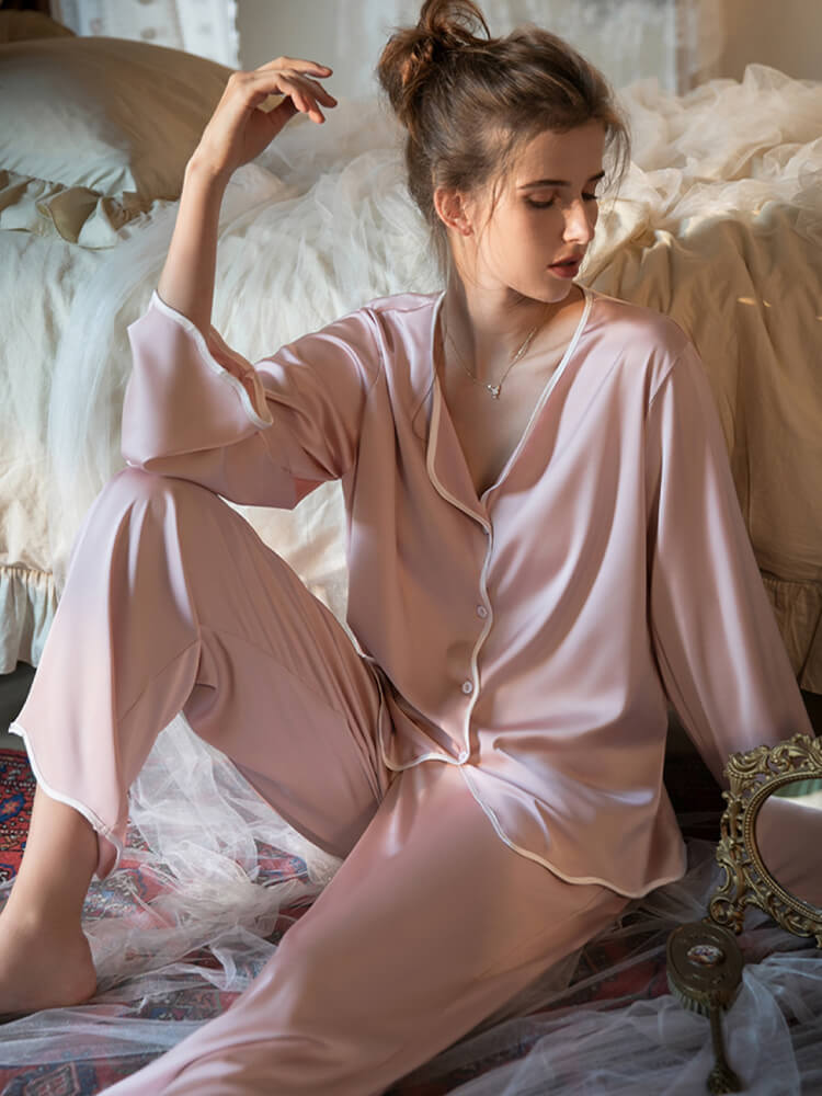 22 Momme Elegant Contrast Piped Silk Pajama Set with Wavy Hem