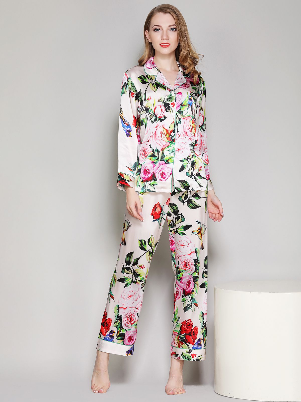 19 Momme Ivory Floral Printed Women Silk Pajama Set [FS053] - $199.00 ...