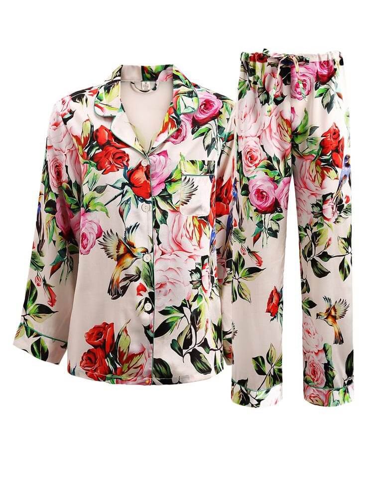 19 Momme Ivory Floral Printed Women Silk Pajama Set [FS053] - $199.00 ...