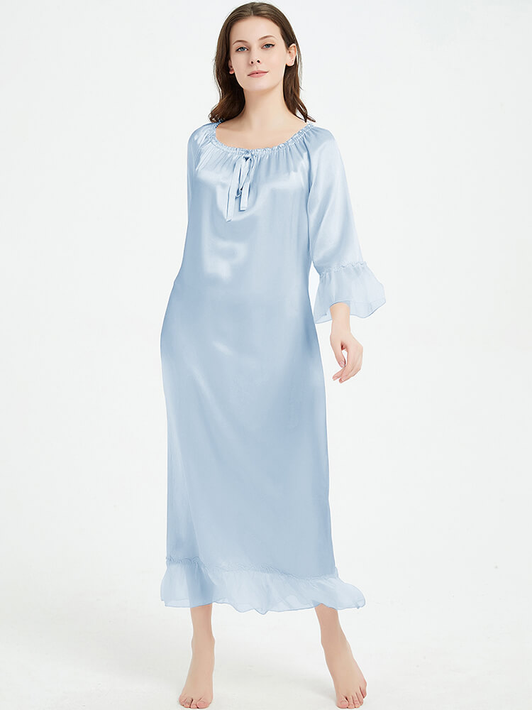 19 Momme Vintage Long Silk Nightdress With Ruffles [FS057
