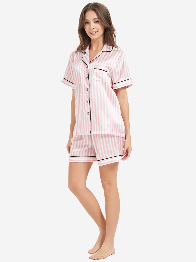 Pink and White Striped Silk Pajama Shorts Set With Black Trim