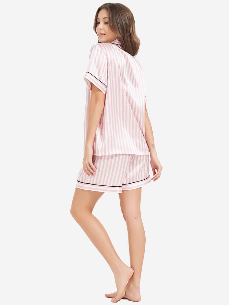 Pink and White Striped Silk Pajama Shorts Set With Black Trim
