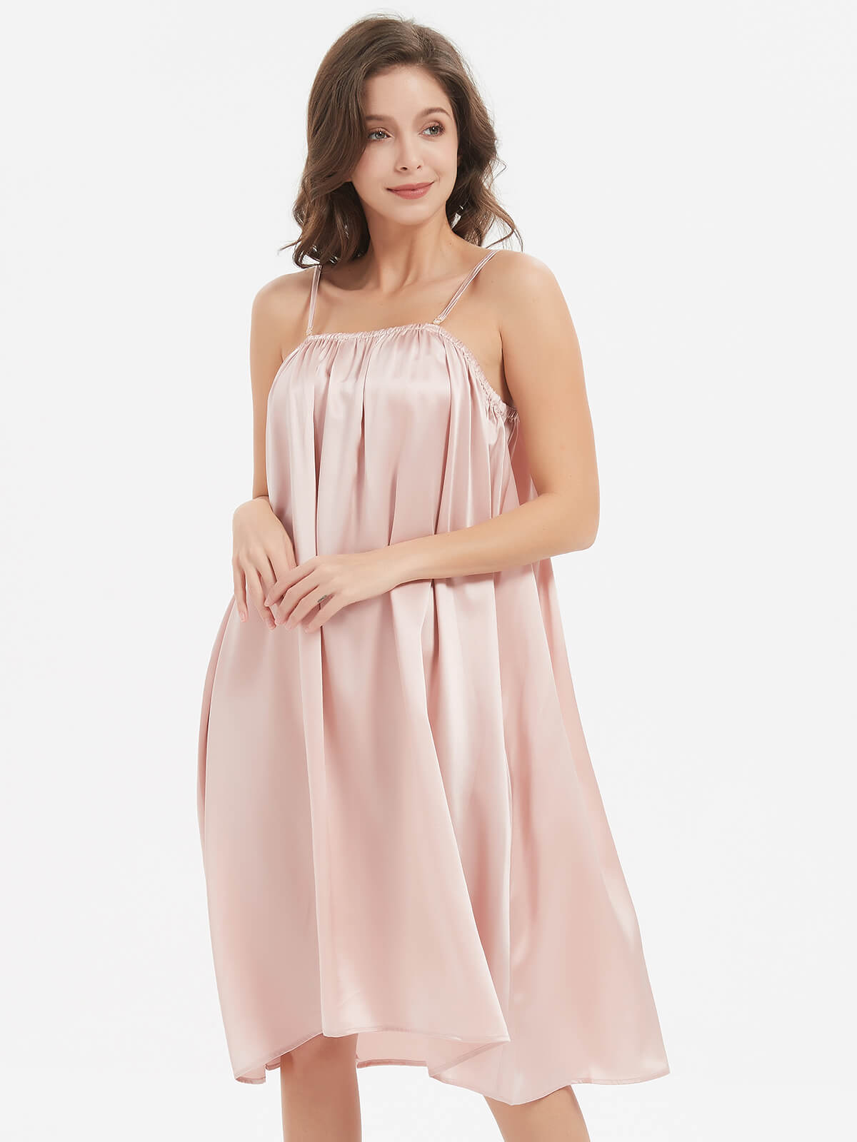 22 Momme Rosy Pink Long Pleated Silk Chemise Nightgown