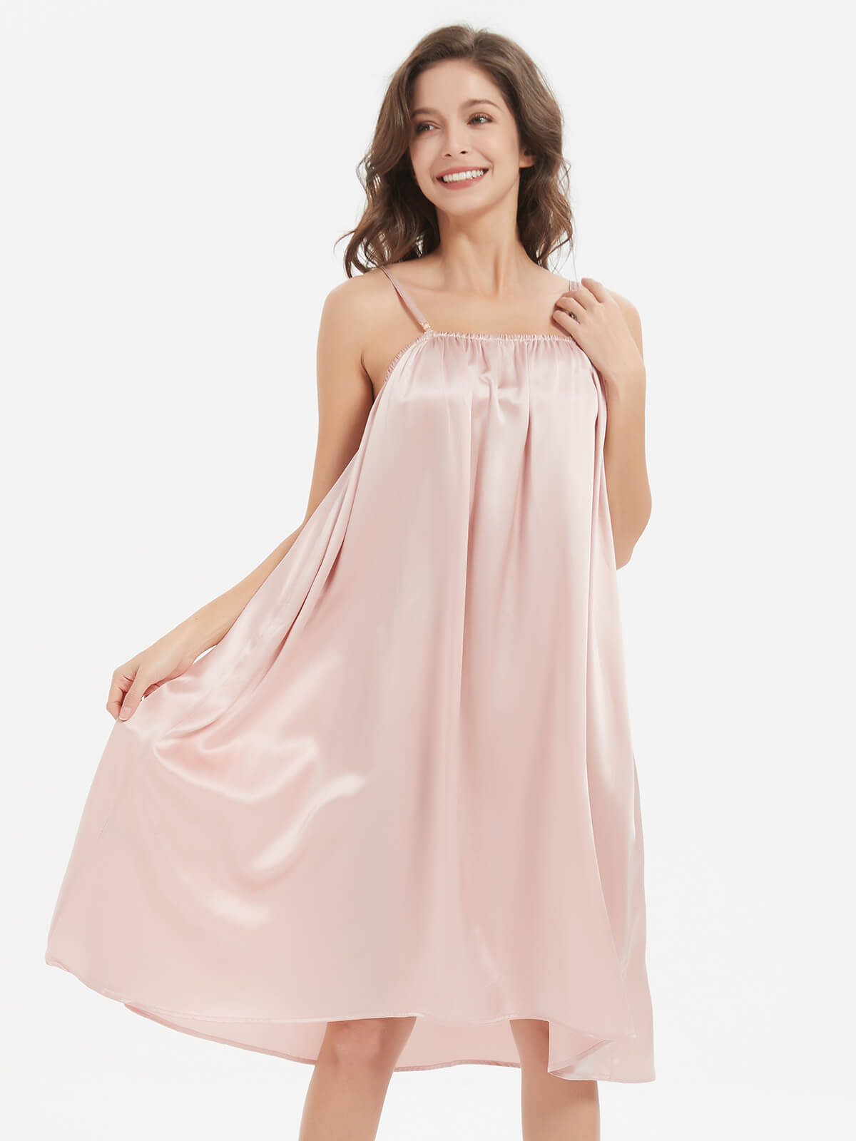 22 Momme Rosy Pink Long Pleated Silk Chemise Nightgown