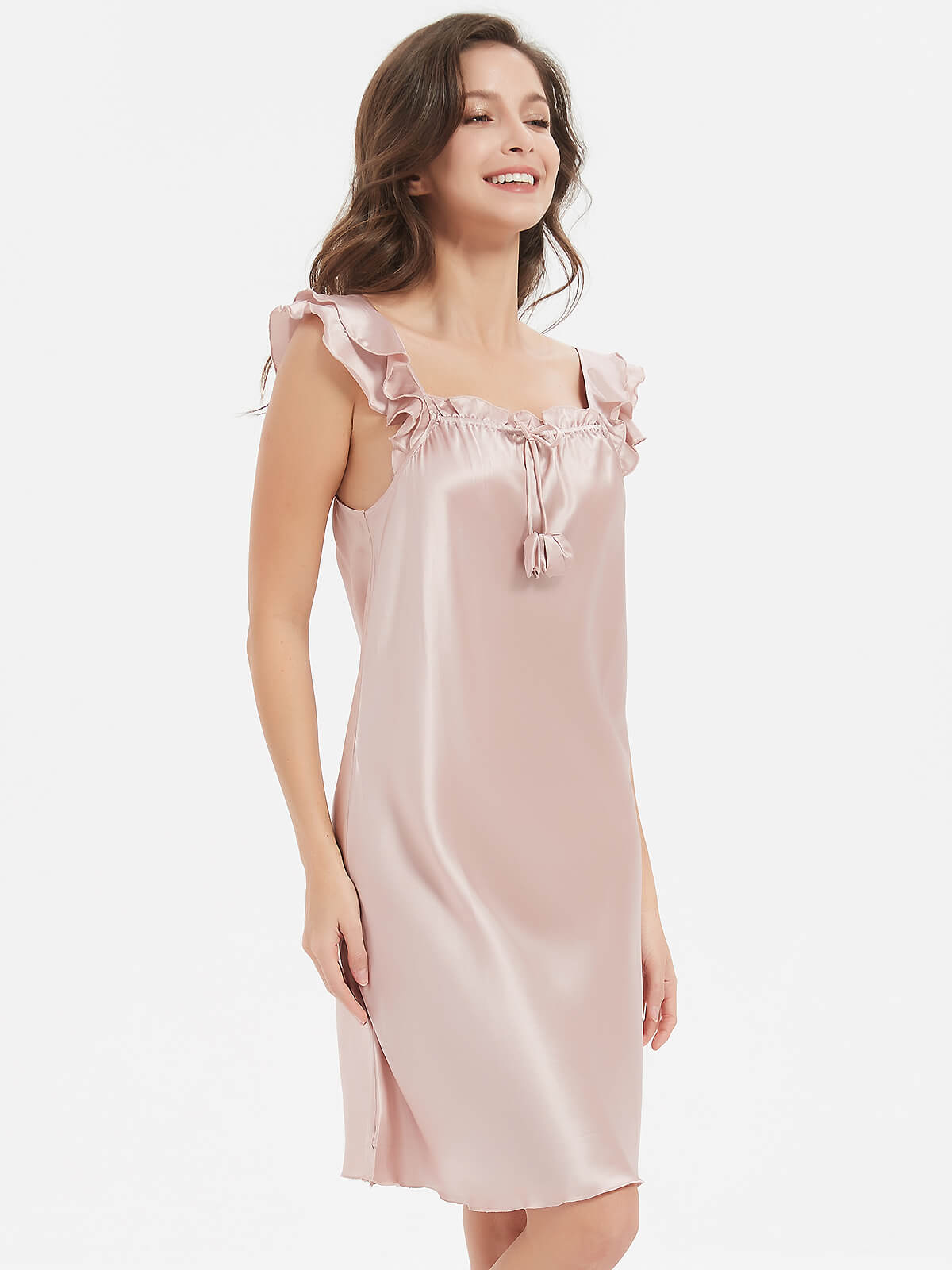 19 Momme Ruffled Strap Pink Silk Nightgown With Sweet Flowers