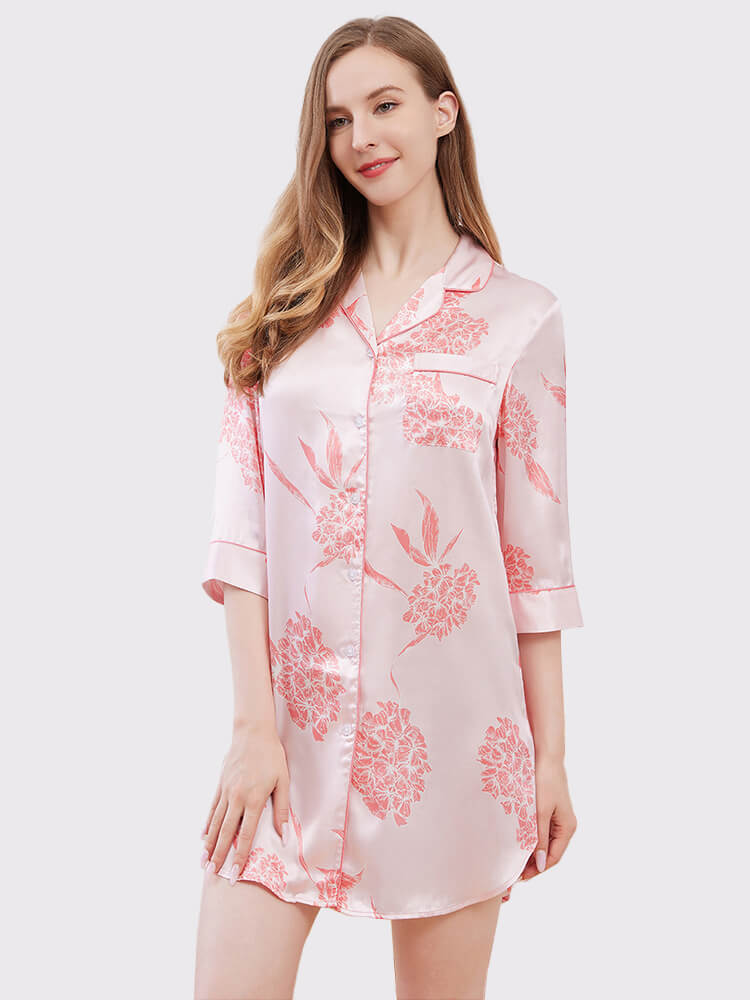 19 Momme Pink Hydrangea Printed Long Sleeve Silk Nightshirt
