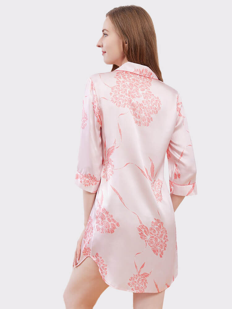 19 Momme Pink Hydrangea Printed Long Sleeve Silk Nightshirt