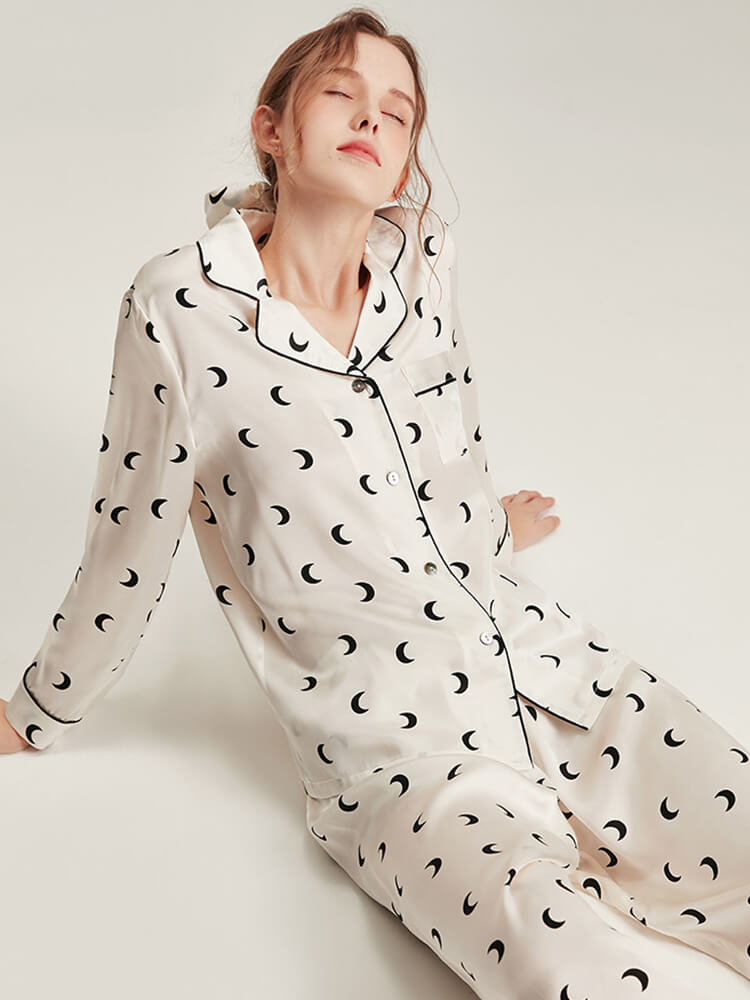 Women Long Sleeve Black Crescents Print 100% Silk Pajamas Set