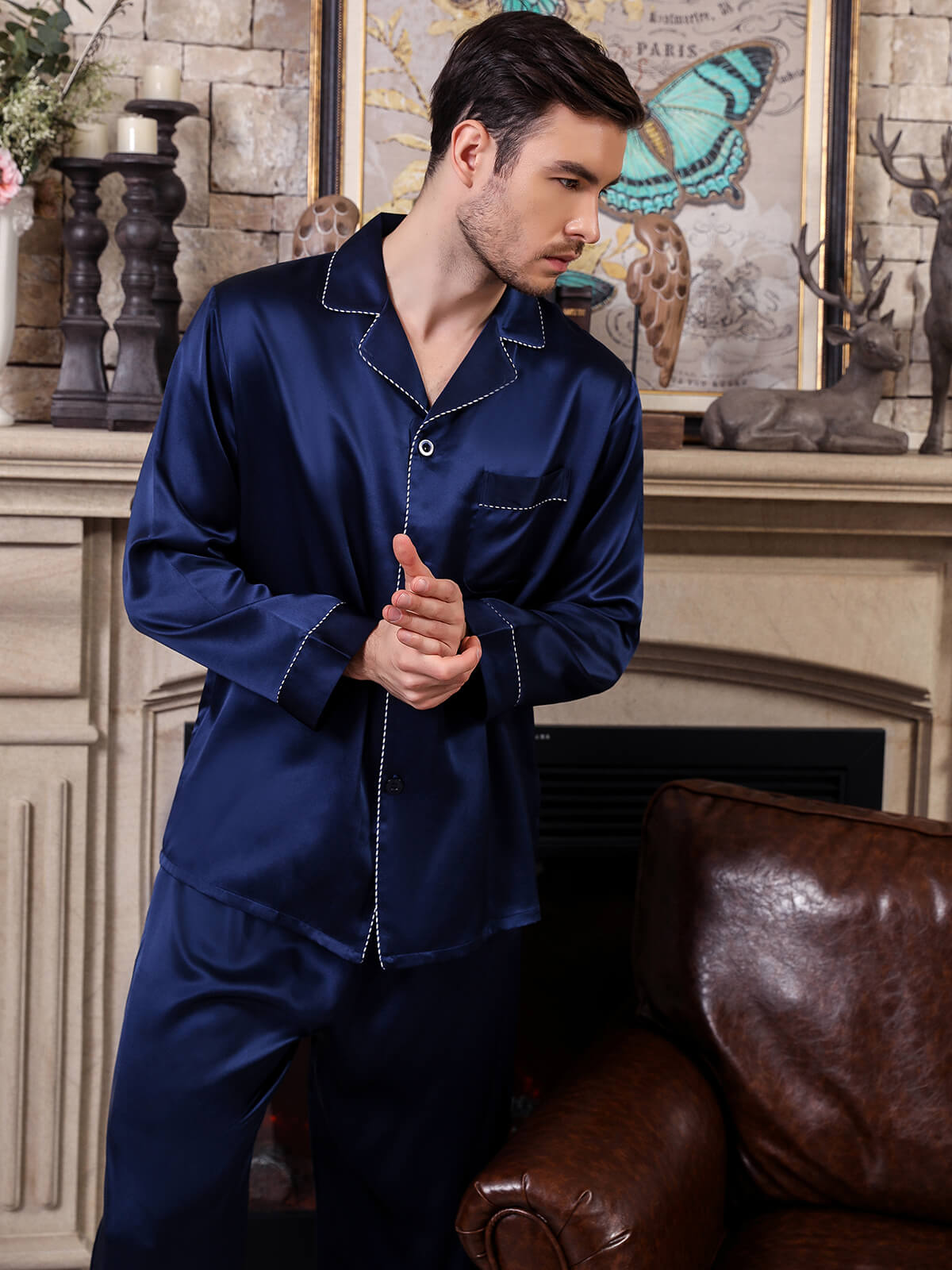 22 Momme Navy Blue Mens Silk Pajama Set [FS075] - $199.00 : Freedomsilk