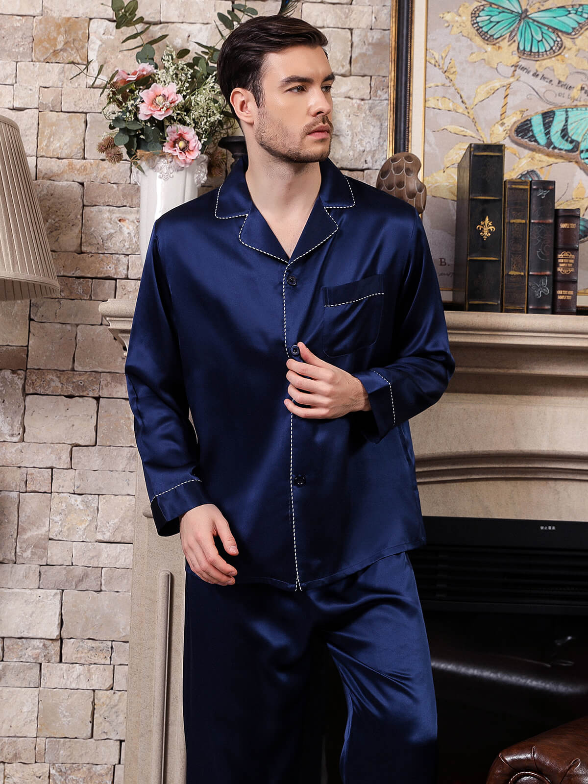 19 Momme Navy Blue Mens Silk Pajama Set [FS075] - $199.00