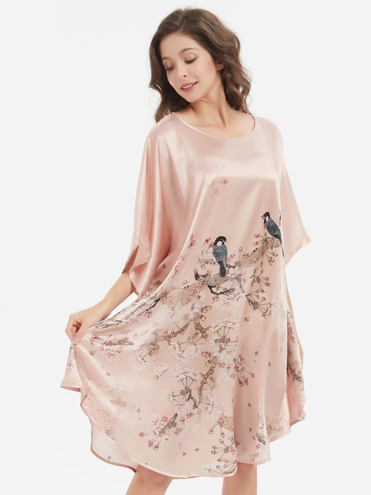 19 Momme Champagne Floral Printed Silk Caftan Nightdress
