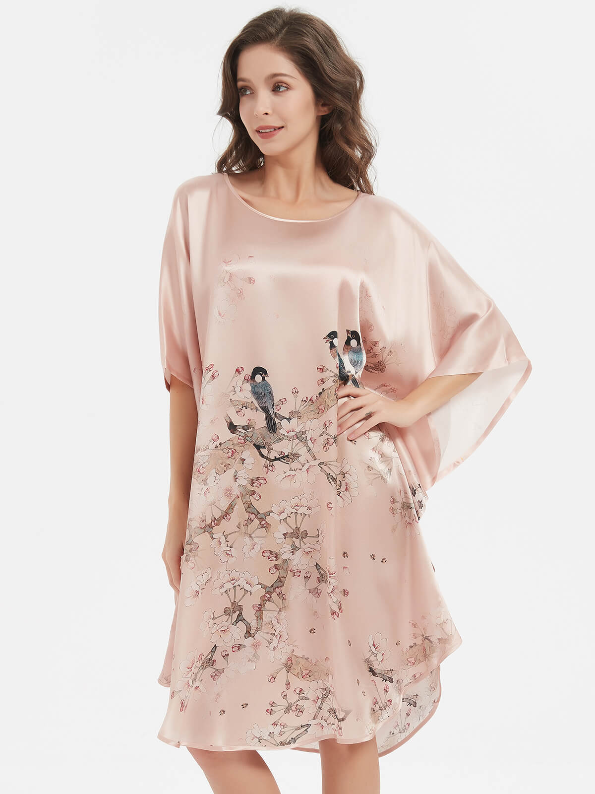 19 Momme Champagne Floral Printed Silk Caftan Nightdress