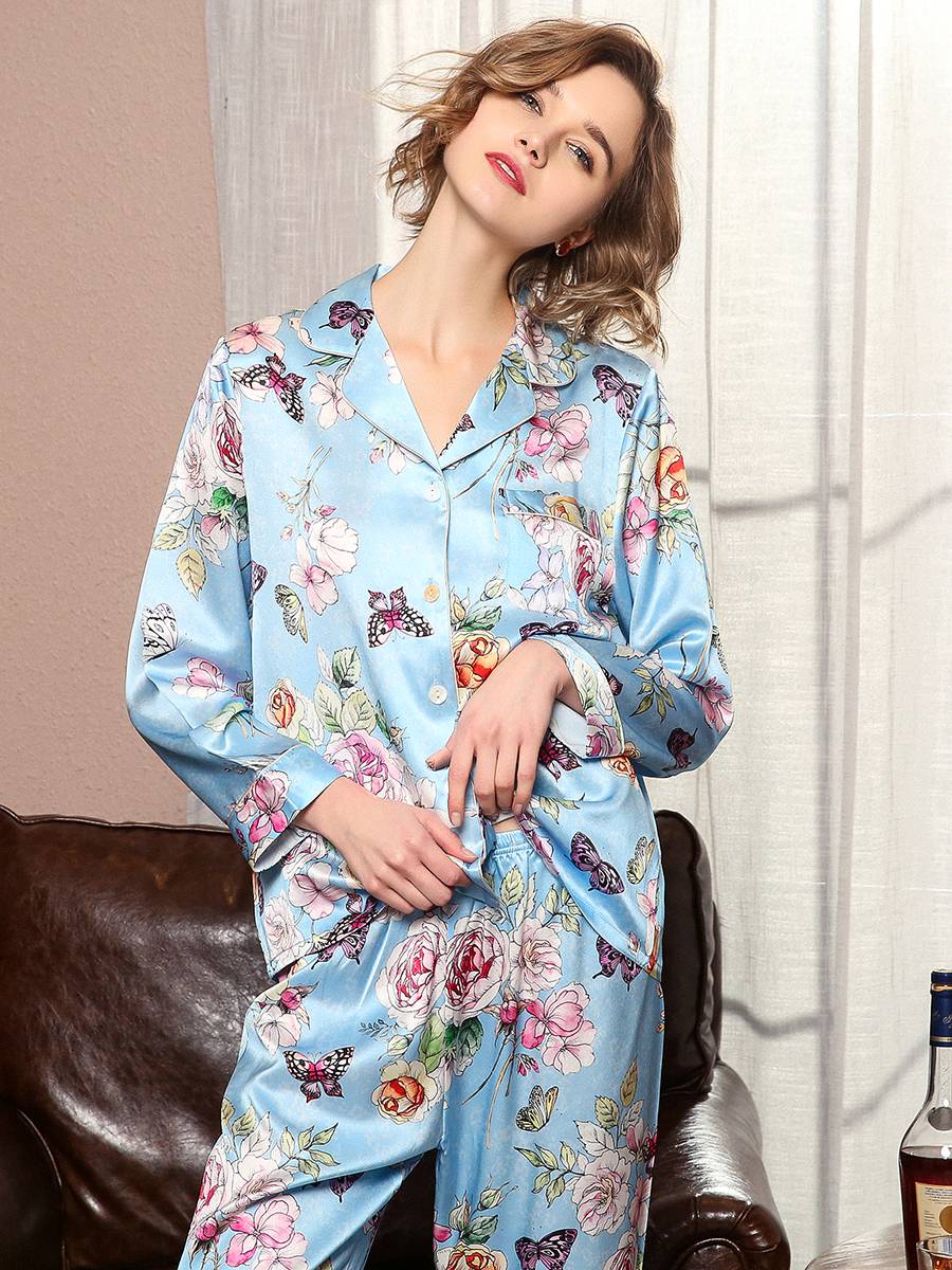 19 Momme Pink Floral Butterfly Print Long Silk Pajama Sets [FS128 ...