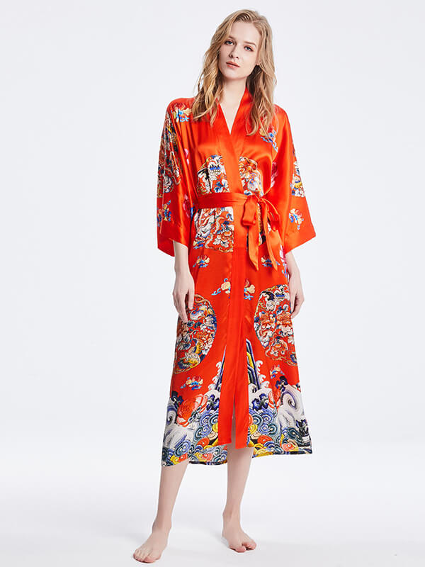 16 Momme Hand Painted Sea Waves Long Silk Kimono Robe [FS140] - $179.00 ...