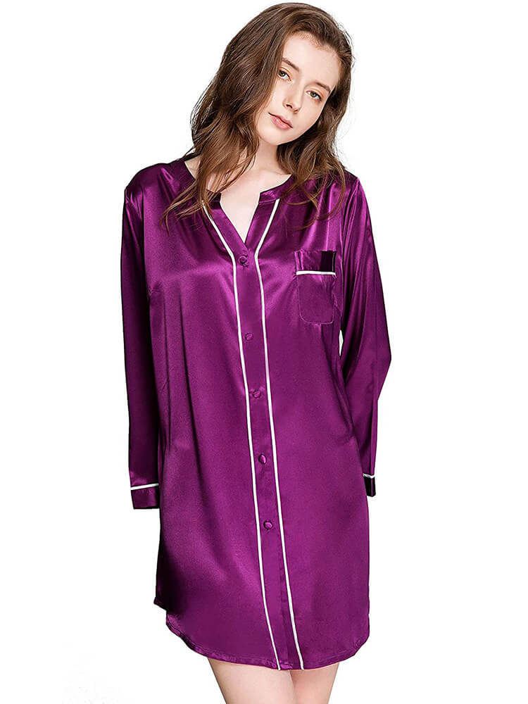 Women's Silk Nightgown Button Down Sleepshirt Long Sleeves Sleepwear Silk  Nightshirt Sleepshirt Mulberry Silk Home Clothes (Purple M) : :  Clothing, Shoes & Accessories