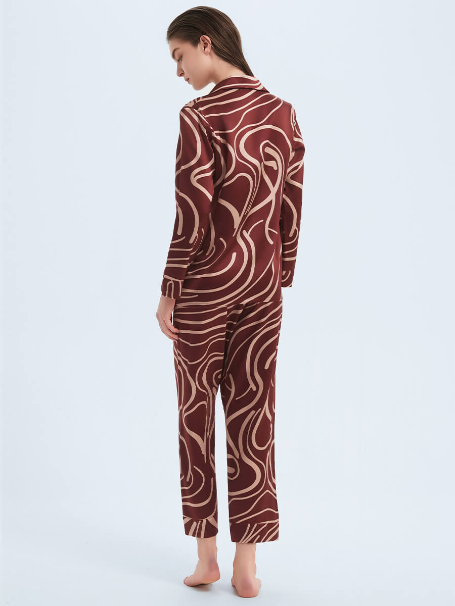 22 Momme Claret Abstract Lines Print Long Sleeve Silk Pajama Set