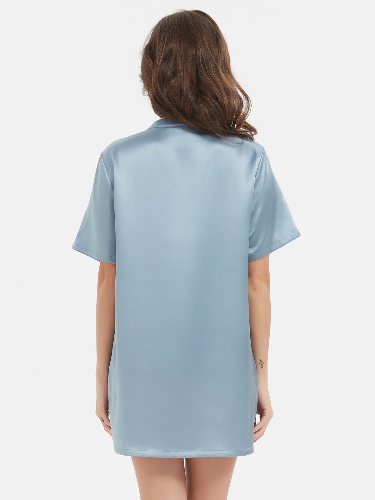 19 Momme Haze Blue V-Neck Stand Collar Short Silk Nightgown