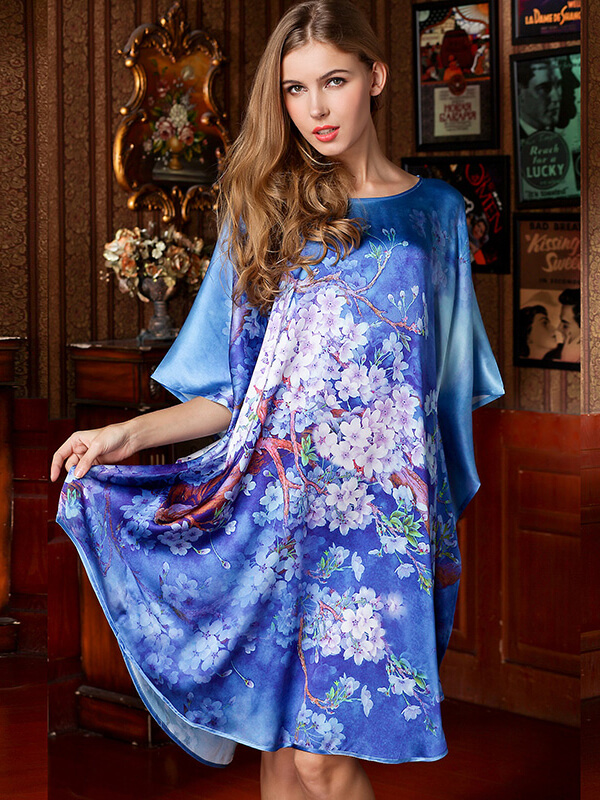 19 Momme Mysterious Blue Purple Floral Silk Nightgown [FS188