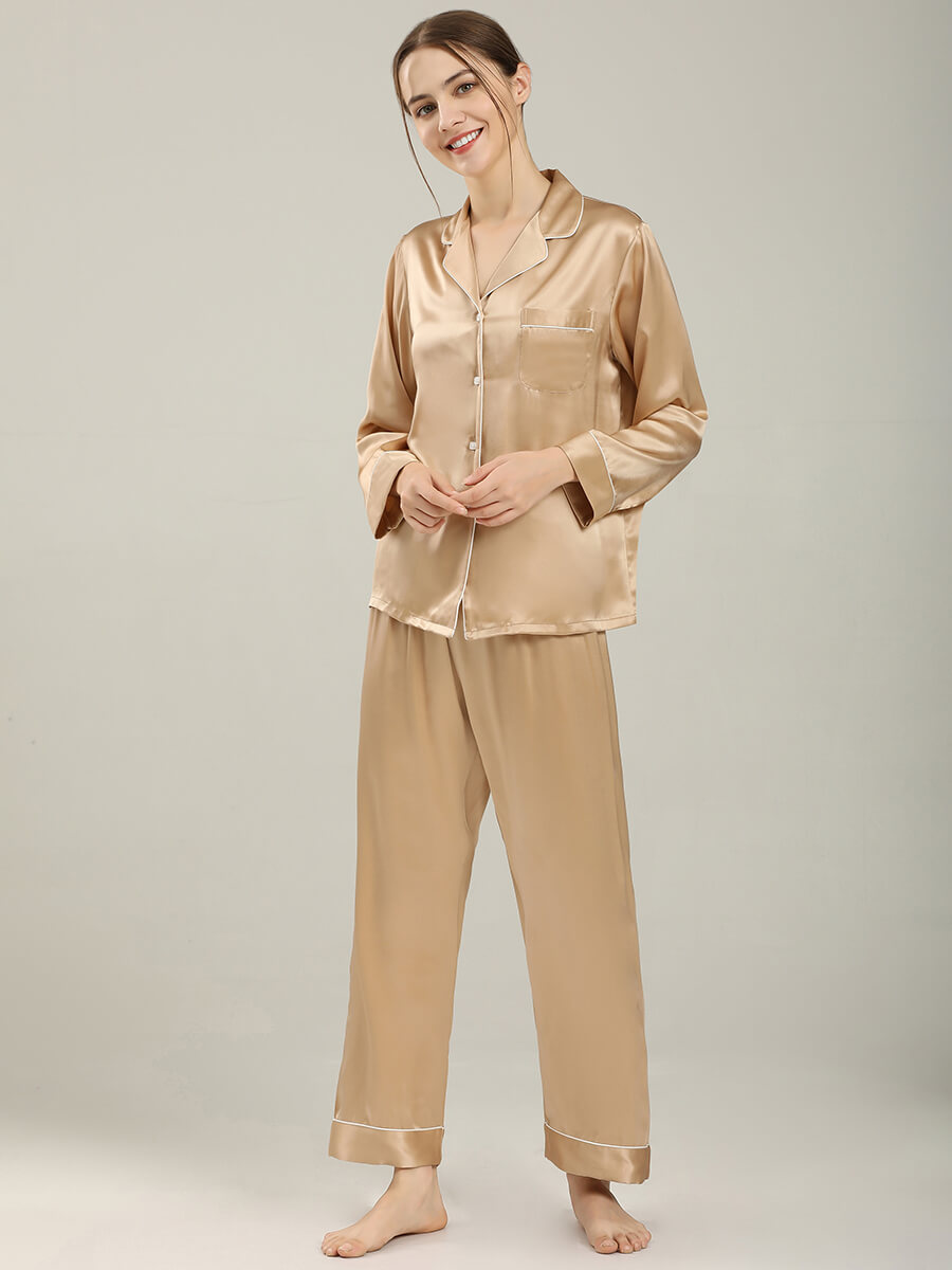 22 Momme Luxurious Champagne Gold Silk Pajamas Set For Women [FS195] -  $189.00 : FreedomSilk, Best Silk Pillowcases, Silk Sheets, Silk Pajamas For  Women, Silk Nightgowns Online Store