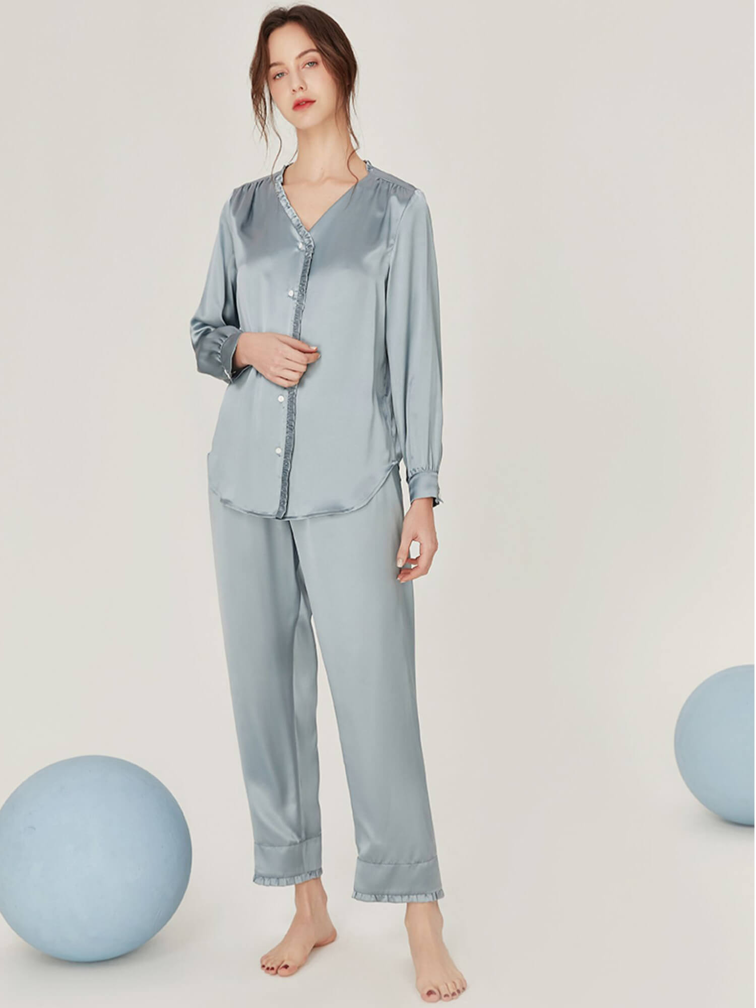 Collarless V-Neck Pure Mulberry Silk Long Sleeve Pajamas Set