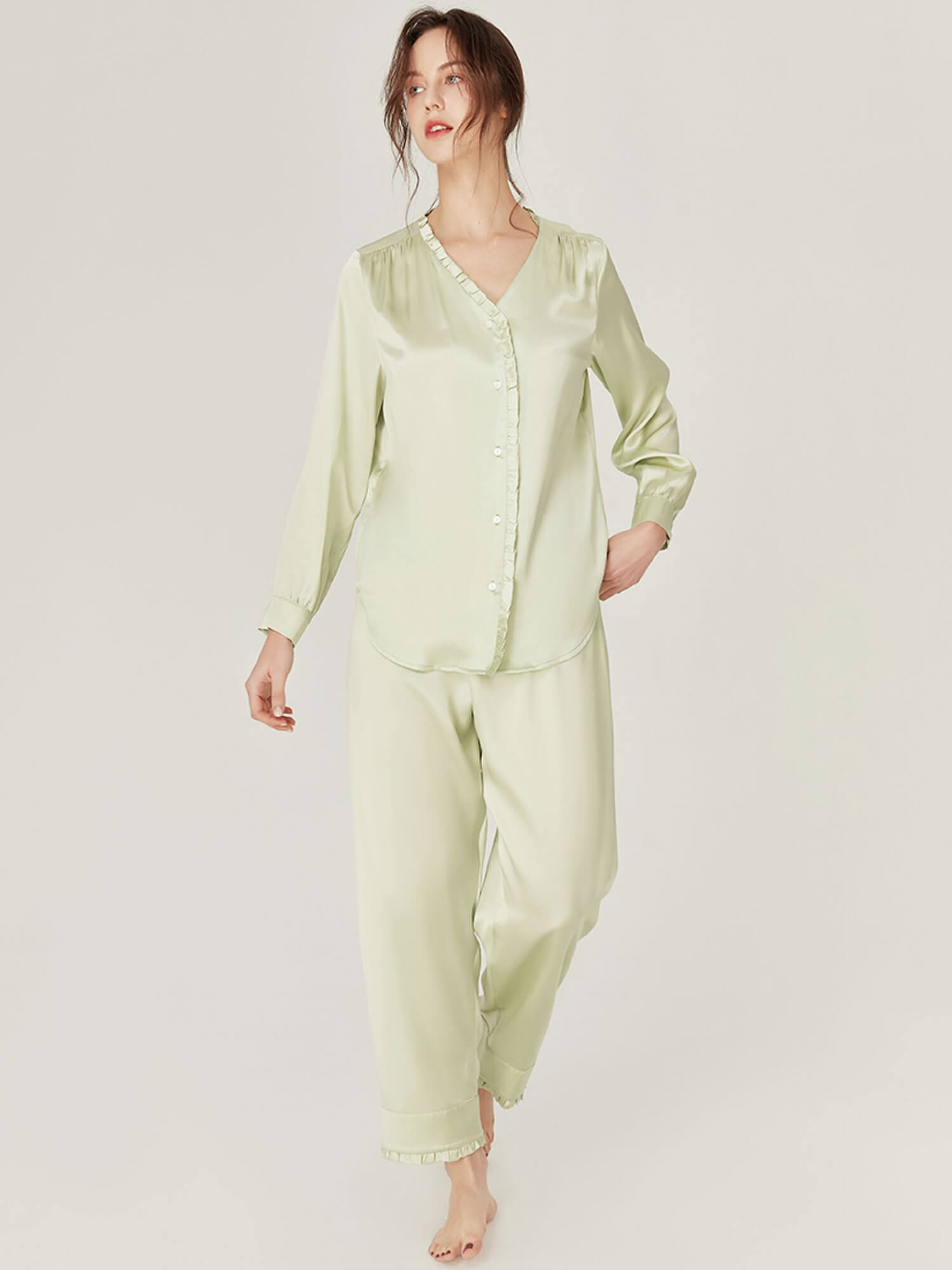 Collarless V-Neck Pure Mulberry Silk Long Sleeve Pajamas Set