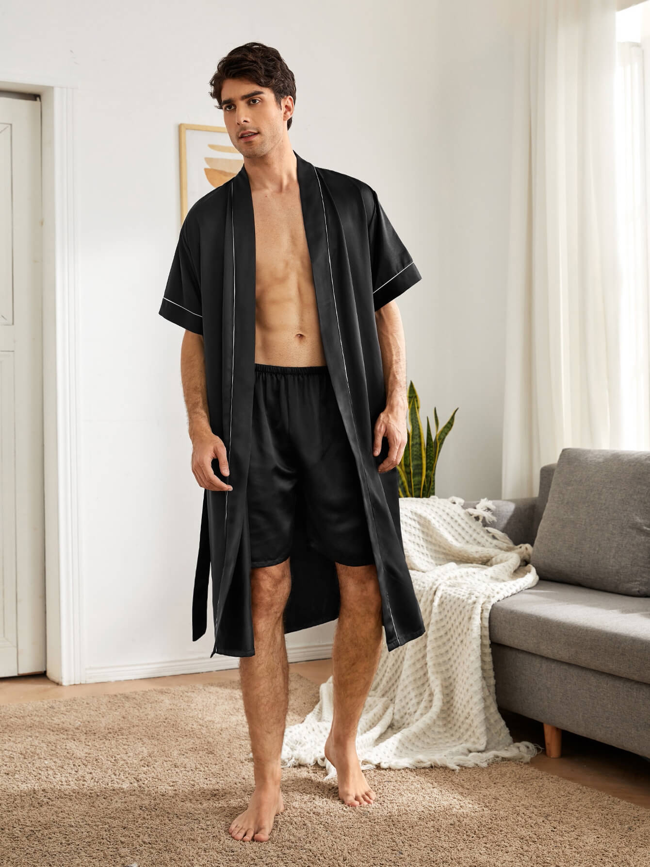 Men 2pcs Short-sleeve Silk Robe Sleep Shorts Set [FS014] - $249.00 ...