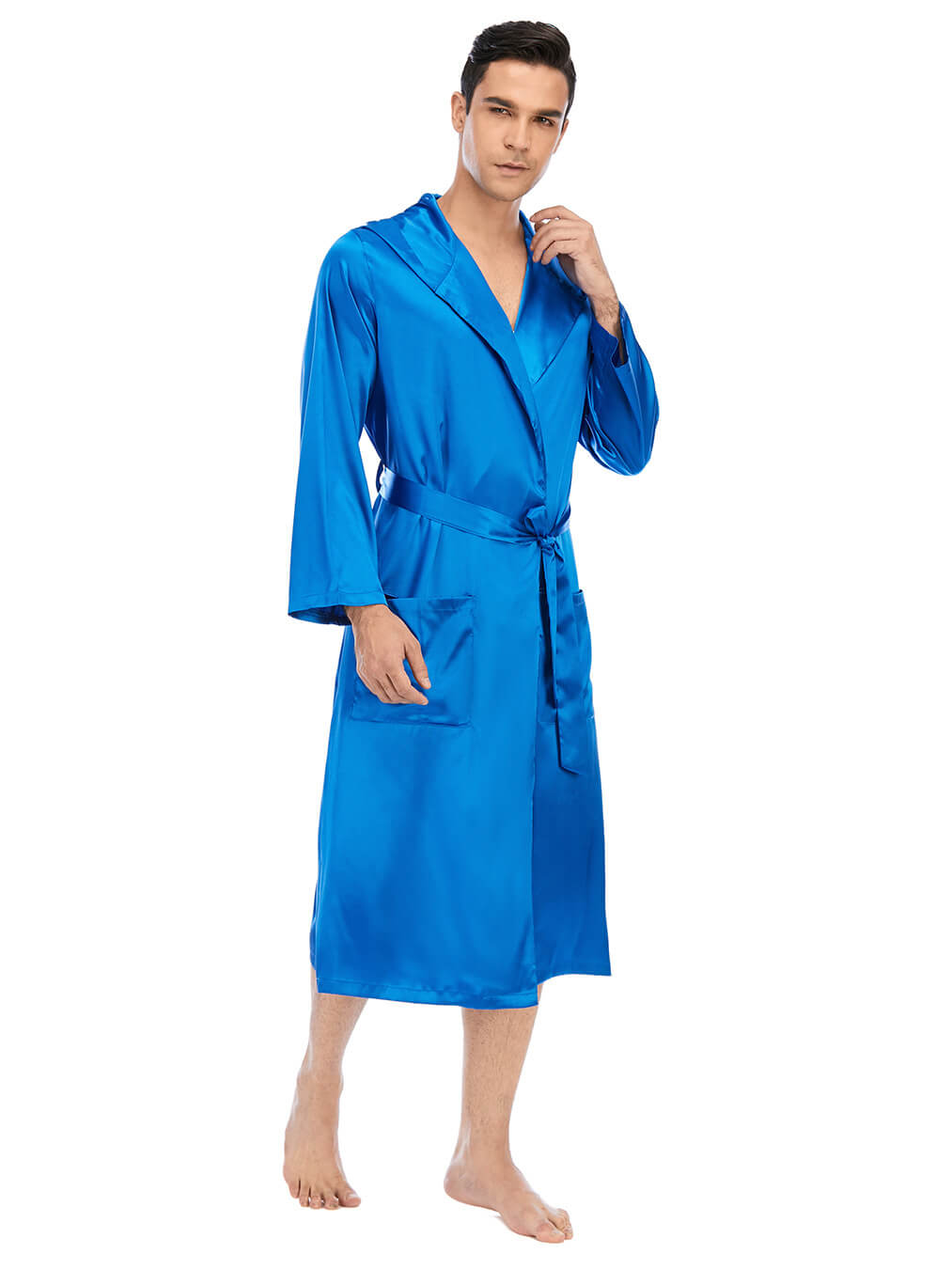 19 Momme Mens Navy Blue Hooded Silk Robe Long Silk Bathrobe [FS069 ...