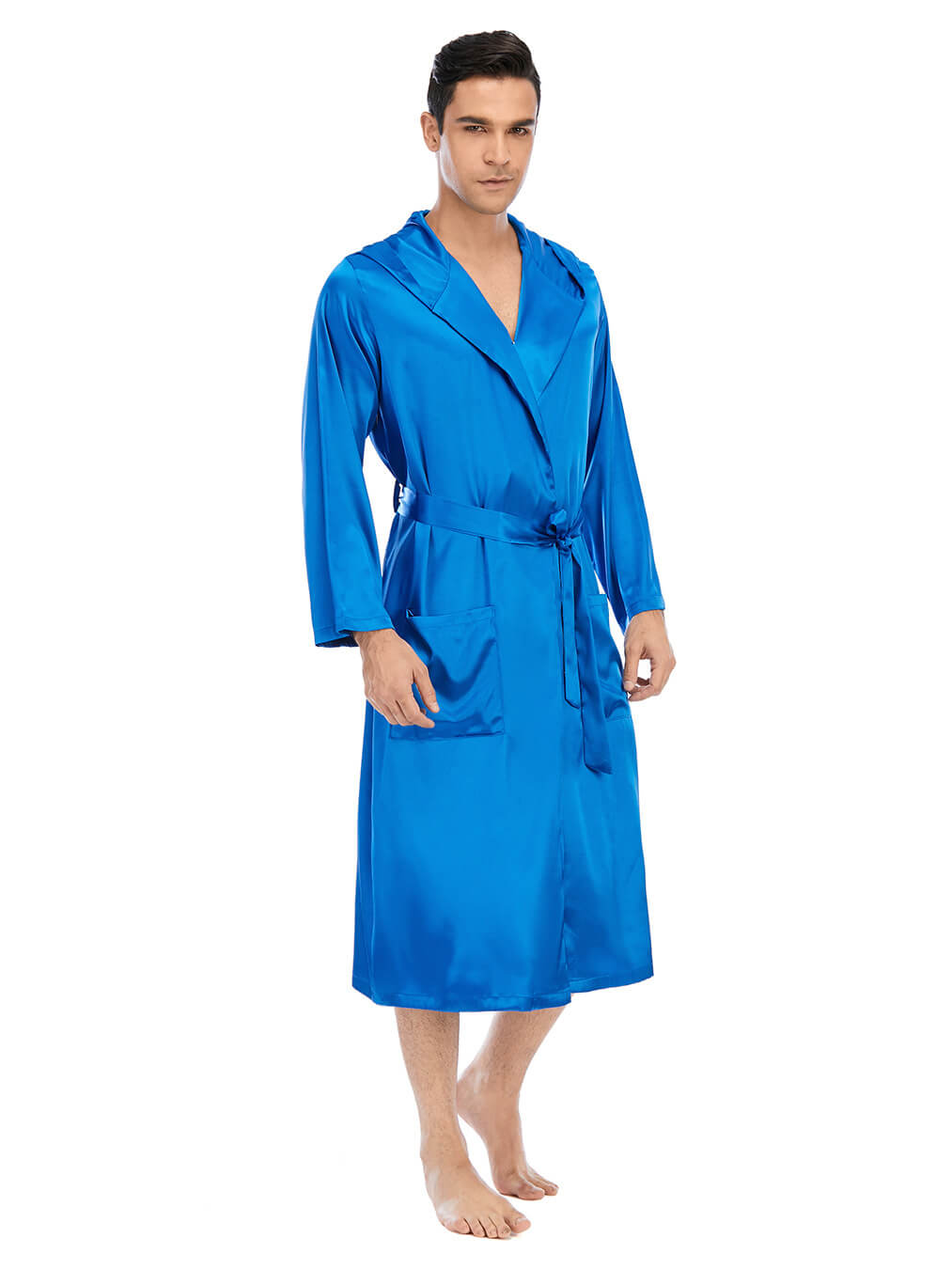 19 Momme Mens Navy Blue Hooded Silk Robe Long Silk Bathrobe [FS069 ...