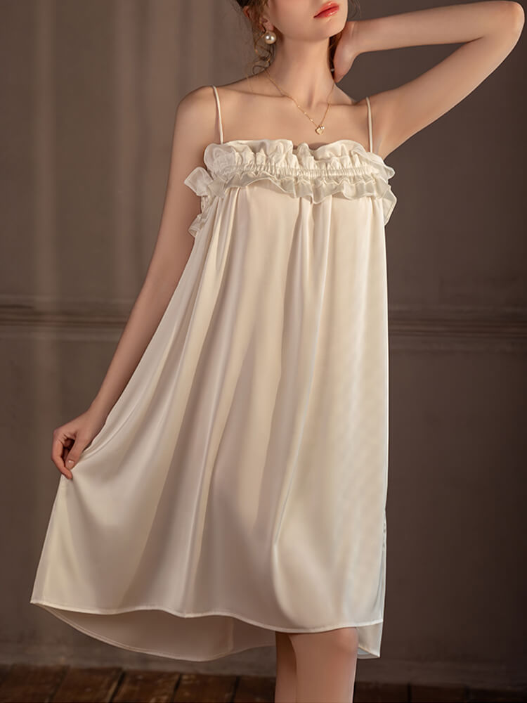 22 Momme Elegant Ruffled Silk Chemise Nightgown Spaghetti Straps