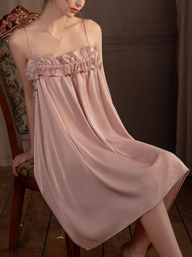 22 Momme Elegant Ruffled Silk Chemise Nightgown Spaghetti Straps