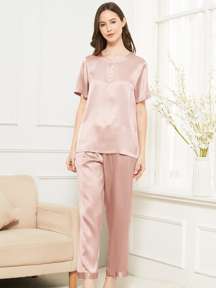19 Momme Summer Short-sleeve Rose Pink Silk Pajama Set
